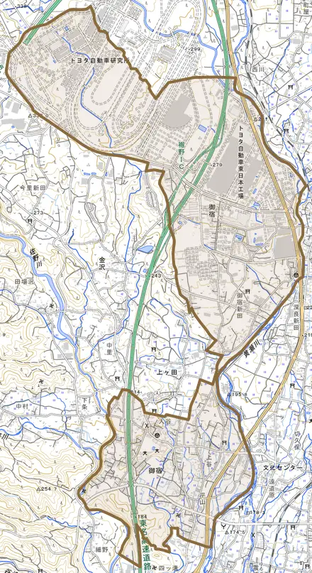 御宿とその周辺の地図。町の範囲を重ねている