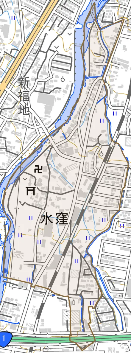 水窪とその周辺の地図。町の範囲を重ねている