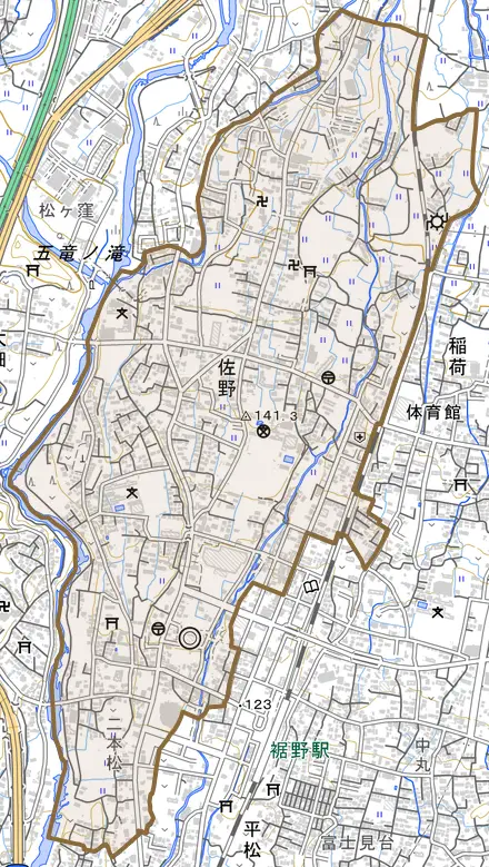 佐野とその周辺の地図。町の範囲を重ねている