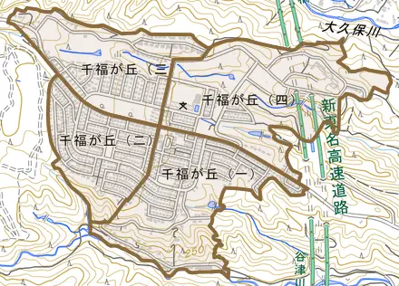 千福が丘とその周辺の地図。町の範囲を重ねている