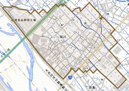 相川とその周辺の地図。町の範囲を重ねている