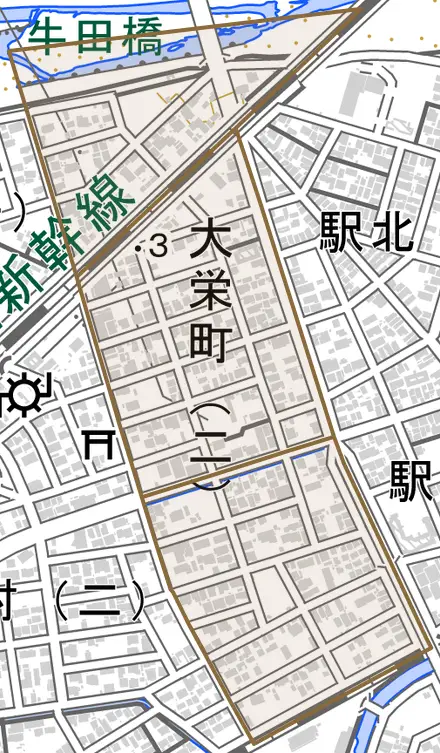 大栄町とその周辺の地図。町の範囲を重ねている