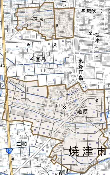 道原とその周辺の地図。町の範囲を重ねている