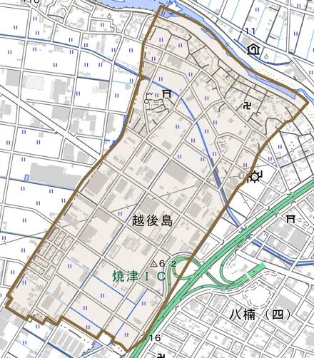 越後島とその周辺の地図。町の範囲を重ねている