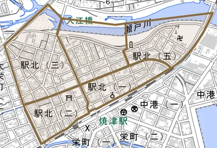 駅北とその周辺の地図。町の範囲を重ねている