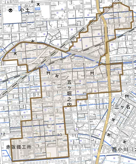 五ケ堀之内とその周辺の地図。町の範囲を重ねている