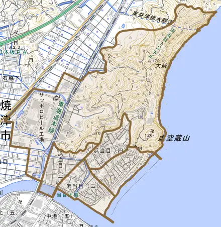 浜当目とその周辺の地図。町の範囲を重ねている