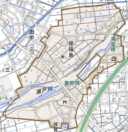 保福島とその周辺の地図。町の範囲を重ねている