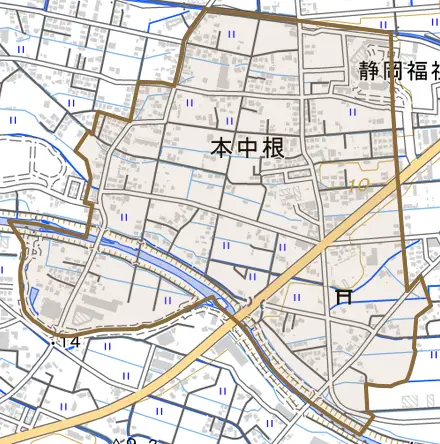 本中根とその周辺の地図。町の範囲を重ねている