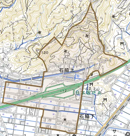 石脇上とその周辺の地図。町の範囲を重ねている