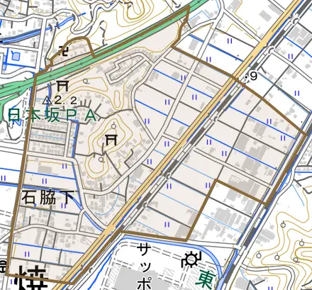 石脇下とその周辺の地図。町の範囲を重ねている