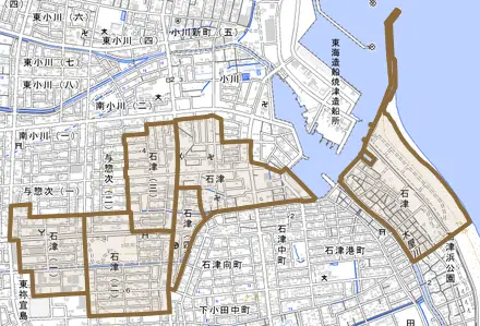 石津とその周辺の地図。町の範囲を重ねている
