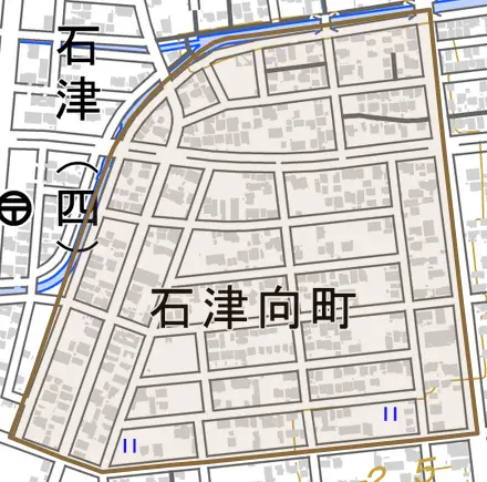 石津向町とその周辺の地図。町の範囲を重ねている