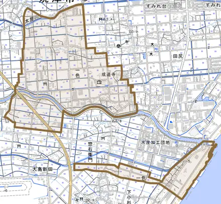 一色とその周辺の地図。町の範囲を重ねている