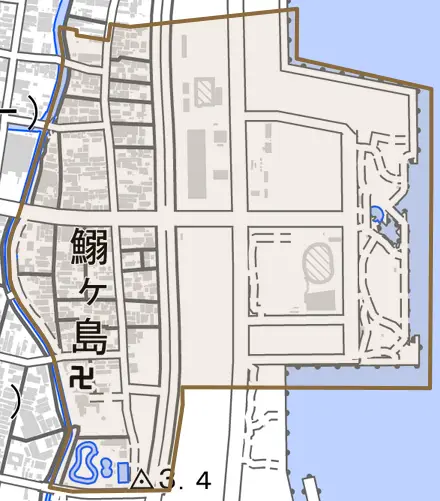 鰯ケ島とその周辺の地図。町の範囲を重ねている