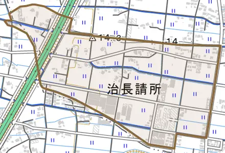 治長請所とその周辺の地図。町の範囲を重ねている