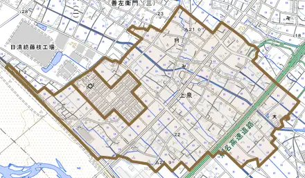 上泉とその周辺の地図。町の範囲を重ねている