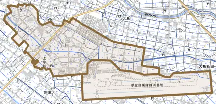 上小杉とその周辺の地図。町の範囲を重ねている