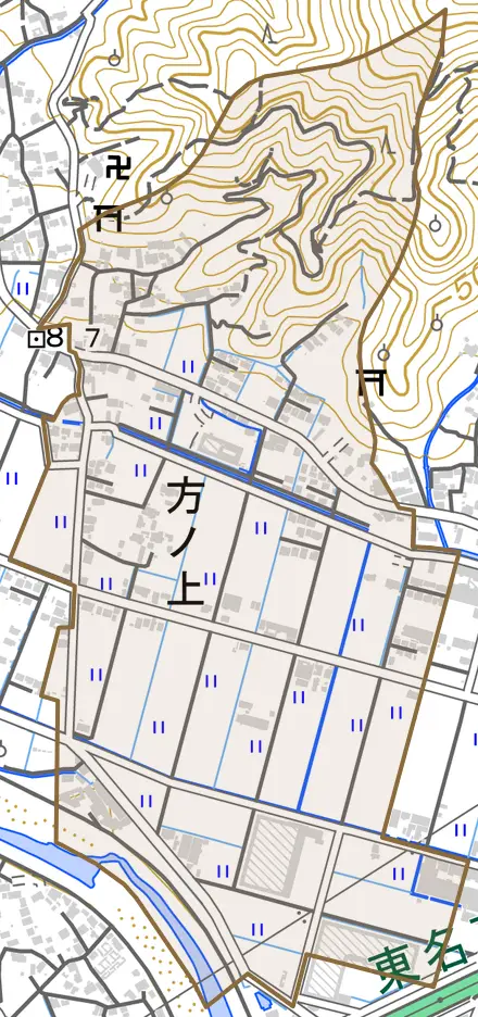 方ノ上とその周辺の地図。町の範囲を重ねている