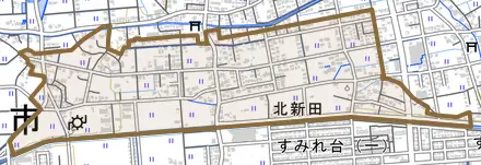 北新田とその周辺の地図。町の範囲を重ねている