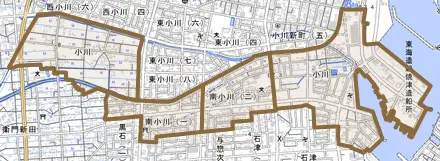 小川とその周辺の地図。町の範囲を重ねている