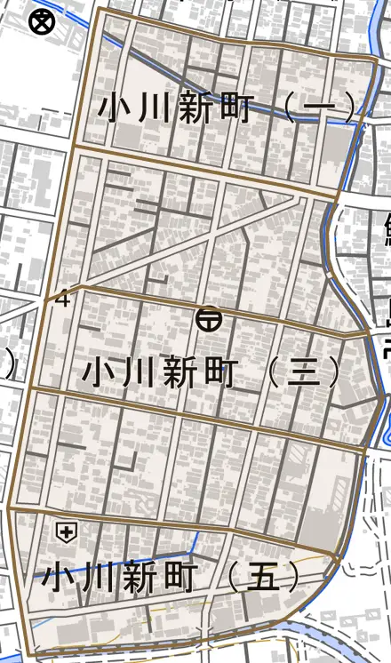 小川新町とその周辺の地図。町の範囲を重ねている
