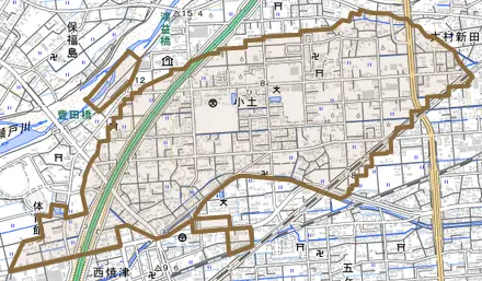 小土とその周辺の地図。町の範囲を重ねている