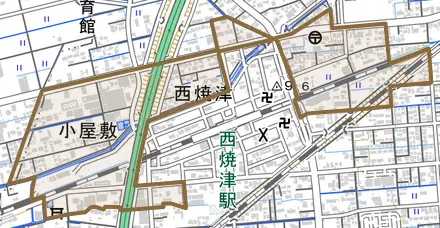 小屋敷とその周辺の地図。町の範囲を重ねている