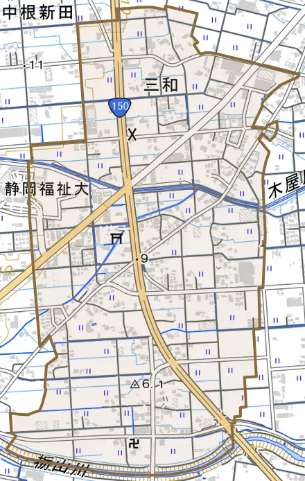 三和とその周辺の地図。町の範囲を重ねている
