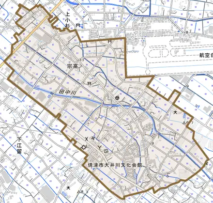 宗高とその周辺の地図。町の範囲を重ねている