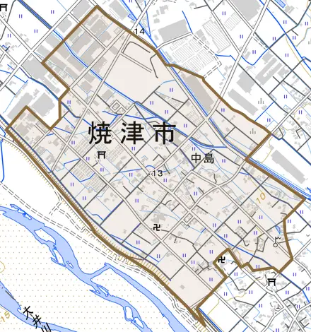 中島とその周辺の地図。町の範囲を重ねている