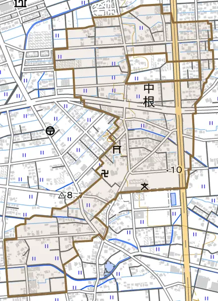 中根とその周辺の地図。町の範囲を重ねている