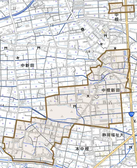 中根新田とその周辺の地図。町の範囲を重ねている