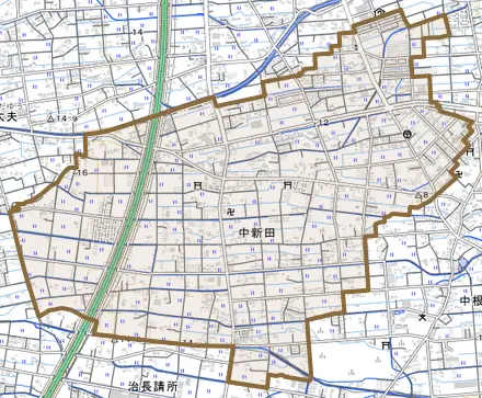 中新田とその周辺の地図。町の範囲を重ねている
