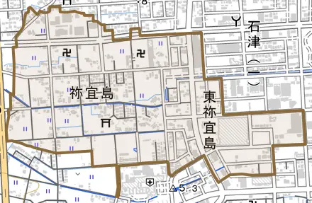 祢宜島とその周辺の地図。町の範囲を重ねている