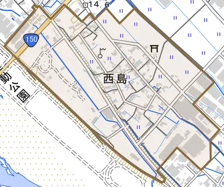 西島とその周辺の地図。町の範囲を重ねている