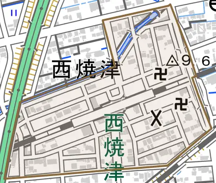 西焼津とその周辺の地図。町の範囲を重ねている