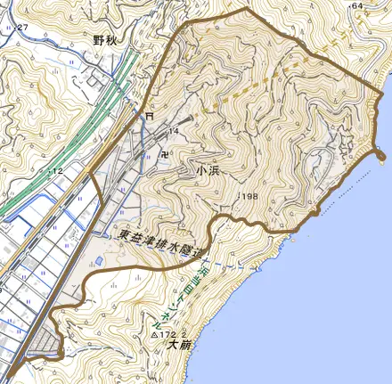 小浜とその周辺の地図。町の範囲を重ねている