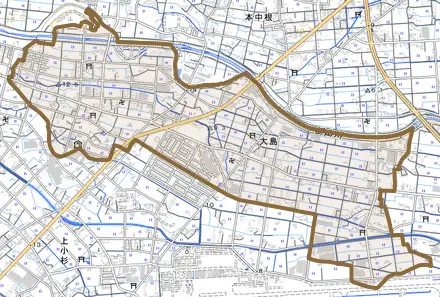 大島とその周辺の地図。町の範囲を重ねている