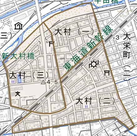 大村とその周辺の地図。町の範囲を重ねている