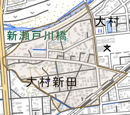 大村新田とその周辺の地図。町の範囲を重ねている