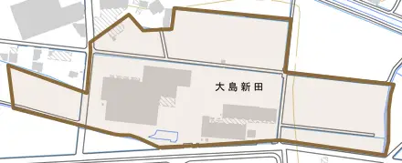 大島新田とその周辺の地図。町の範囲を重ねている