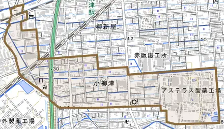 小柳津とその周辺の地図。町の範囲を重ねている