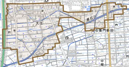 大住とその周辺の地図。町の範囲を重ねている