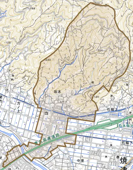 坂本とその周辺の地図。町の範囲を重ねている
