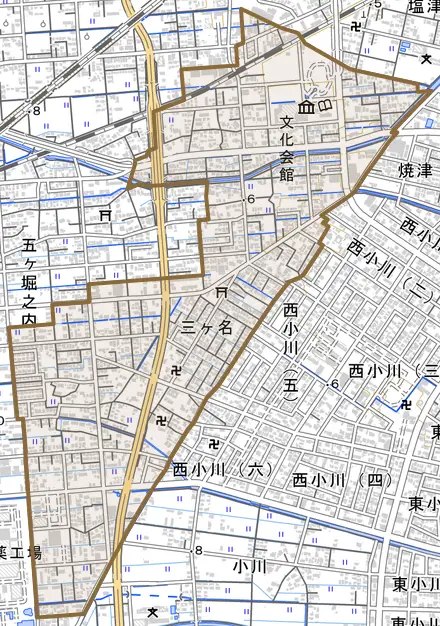 三ケ名とその周辺の地図。町の範囲を重ねている