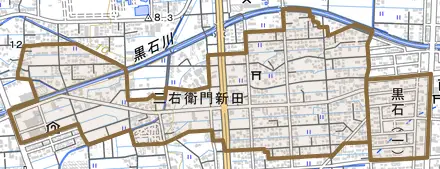 三右衛門新田とその周辺の地図。町の範囲を重ねている