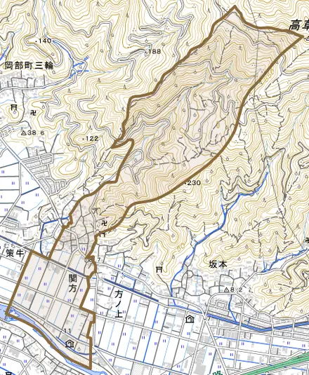 関方とその周辺の地図。町の範囲を重ねている