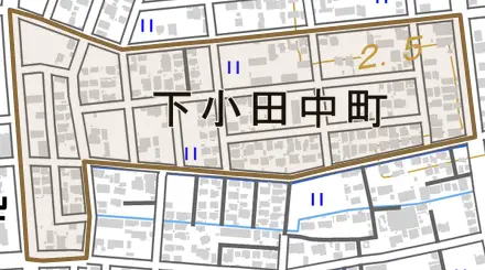下小田中町とその周辺の地図。町の範囲を重ねている