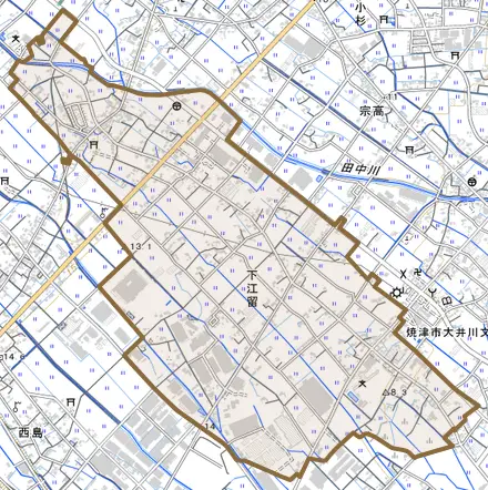 下江留とその周辺の地図。町の範囲を重ねている